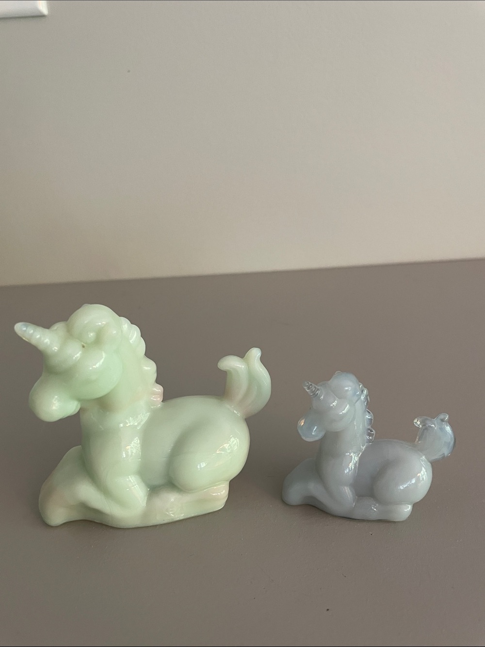 Boyd Glass Pair of Unicorn Figurines in Pale Green and Pale Blue